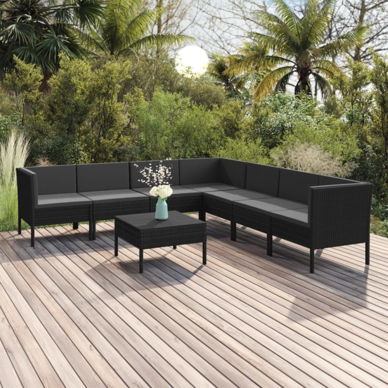 8 pcs conjunto lounge de jardim c/ almofadões vime PE preto-Conjuntos de jardim-Home Retail