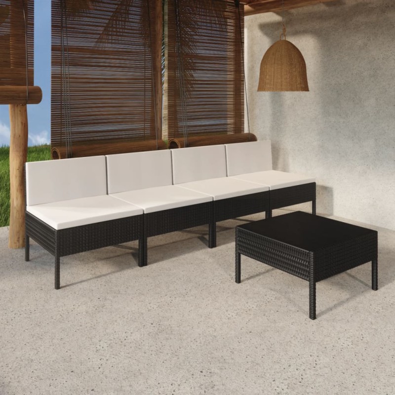 5 pcs conjunto lounge de jardim c/ almofadões vime PE preto-Conjuntos de jardim-Home Retail