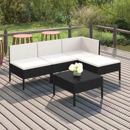 5 pcs conjunto lounge de jardim c/ almofadões vime PE preto