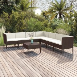 8 pcs conjunto lounge jardim c/ almofadões vime PE castanho