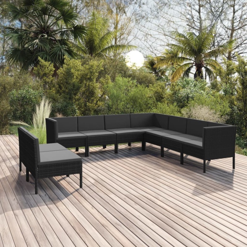 9 pcs conjunto lounge de jardim c/ almofadões vime PE preto-Conjuntos de jardim-Home Retail