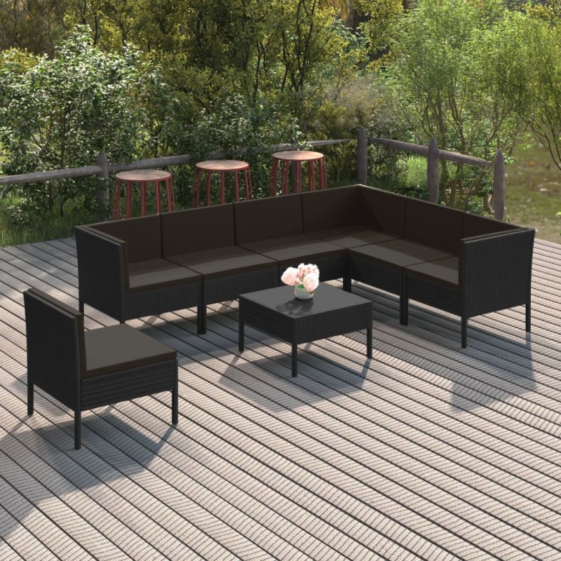 8 pcs conjunto lounge de jardim c/ almofadões vime PE preto-Conjuntos de jardim-Home Retail