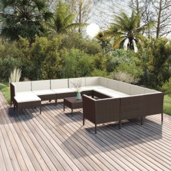 13 pcs conjunto lounge jardim c/ almofadões vime PE castanho