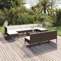 11 pcs conjunto lounge jardim c/ almofadões vime PE castanho