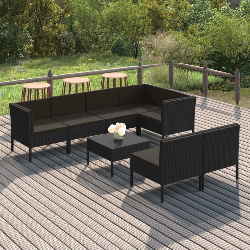 8 pcs conjunto lounge de jardim c/ almofadões vime PE preto-Conjuntos de jardim-Home Retail