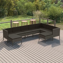 9 pcs conjunto lounge de jardim c/ almofadões vime PE cinzento