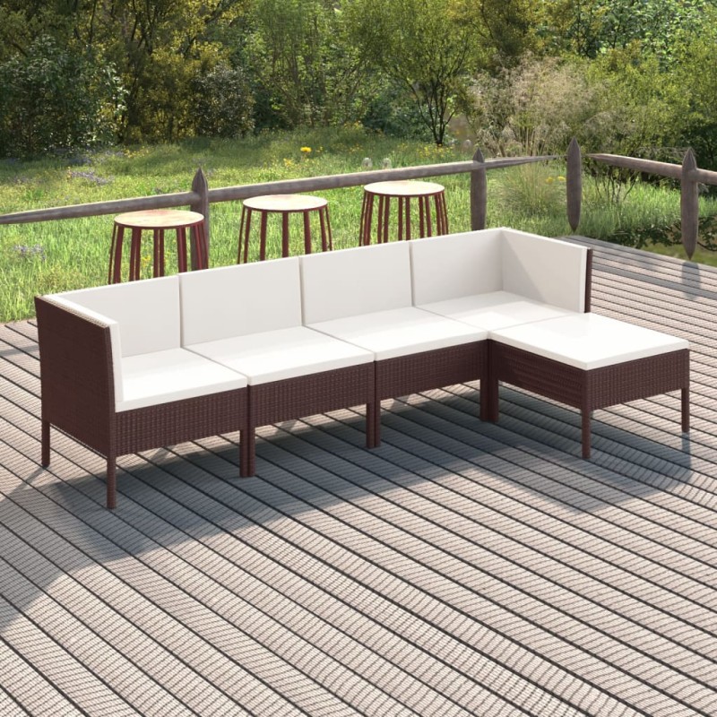 5 pcs conjunto lounge jardim c/ almofadões vime PE castanho-Conjuntos de jardim-Home Retail