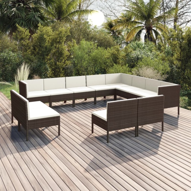 12 pcs conjunto lounge jardim c/ almofadões vime PE castanho-Conjuntos de jardim-Home Retail