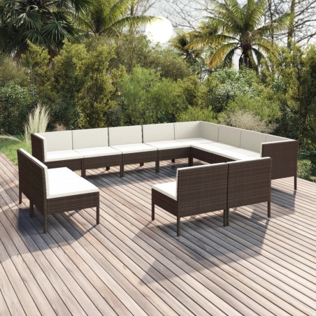 12 pcs conjunto lounge jardim c/ almofadões vime PE castanho