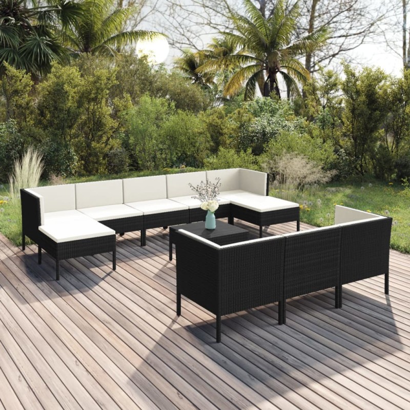 11 pcs conjunto lounge de jardim c/ almofadões vime PE preto-Conjuntos de jardim-Home Retail