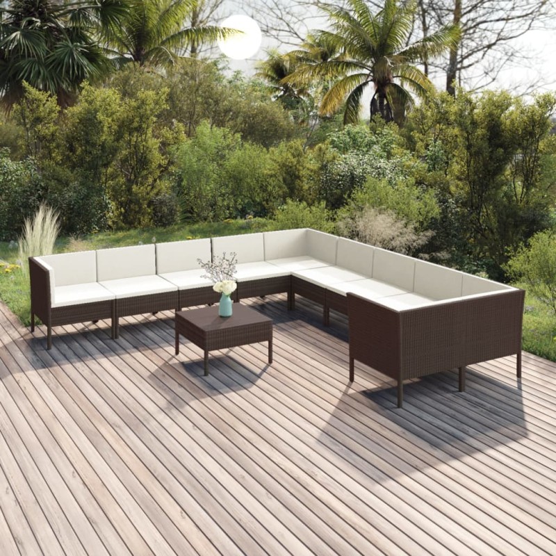 11 pcs conjunto lounge jardim c/ almofadões vime PE castanho-Conjuntos de jardim-Home Retail