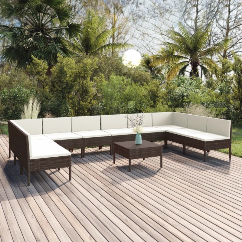 11 pcs conjunto lounge jardim c/ almofadões vime PE castanho-Conjuntos de jardim-Home Retail