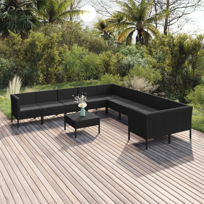 11 pcs conjunto lounge de jardim c/ almofadões vime PE preto-Conjuntos de jardim-Home Retail