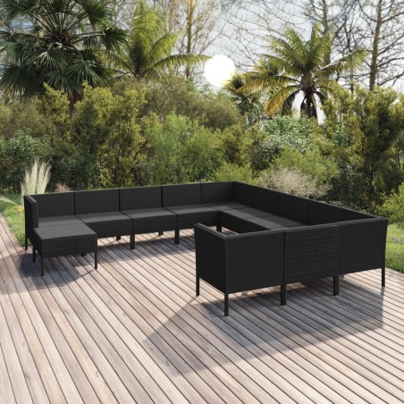 12 pcs conjunto lounge de jardim c/ almofadões vime PE preto