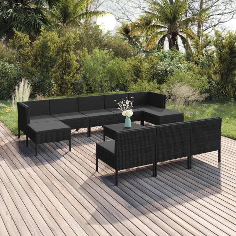 11 pcs conjunto lounge de jardim c/ almofadões vime PE preto-Conjuntos de jardim-Home Retail