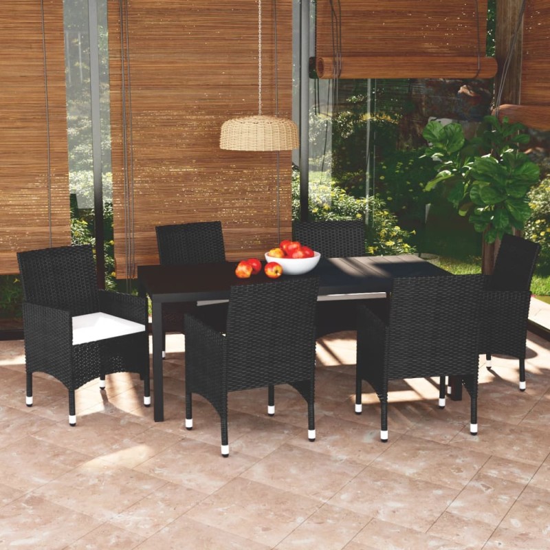 7 pcs conjunto de jantar p/ jardim c/ almofadões vime PE preto-Conjuntos de jardim-Home Retail