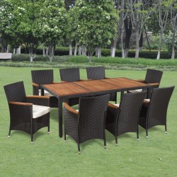 9 pcs conjunto jantar exterior com almofadões vime PE