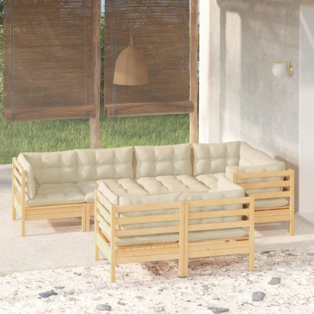 7 pcs conjunto lounge jardim c/ almofadões creme pinho maciço