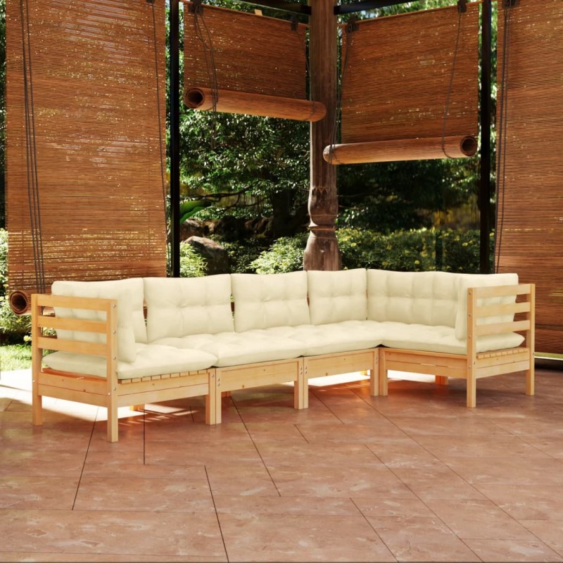 5 pcs conjunto lounge de jardim c/ almofadões cor creme pinho-Conjuntos de jardim-Home Retail