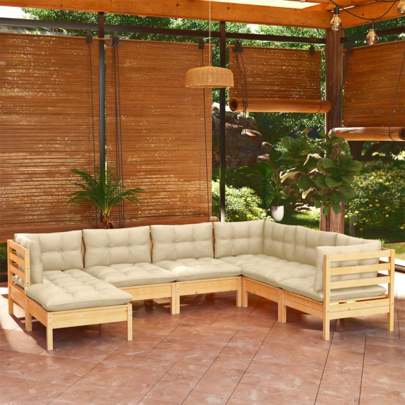 7 pcs conjunto lounge jardim c/ almofadões creme pinho maciço-Conjuntos de jardim-Home Retail