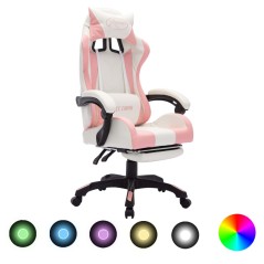 Cadeira estilo corrida c/ luzes LED RGB couro arti. rosa/branco