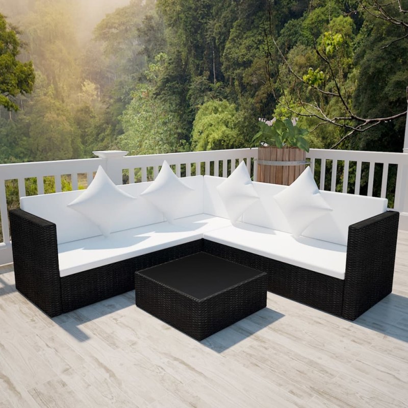 4 pcs conjunto lounge de jardim c/ almofadões vime PE preto-Conjuntos de jardim-Home Retail