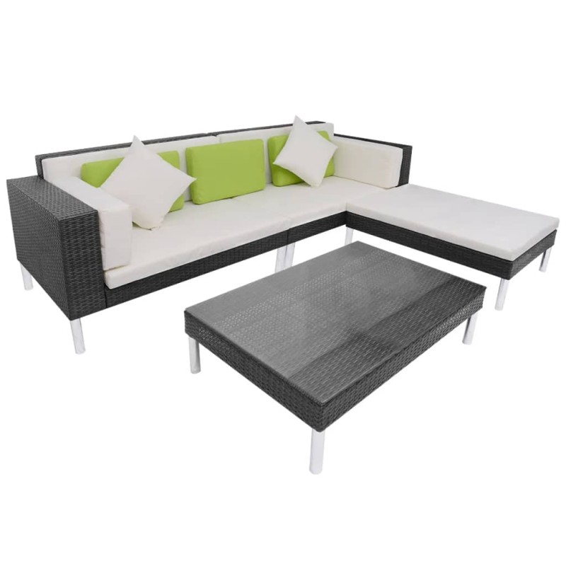 4 pcs conjunto lounge de jardim c/ almofadões vime PE preto-Conjuntos de jardim-Home Retail