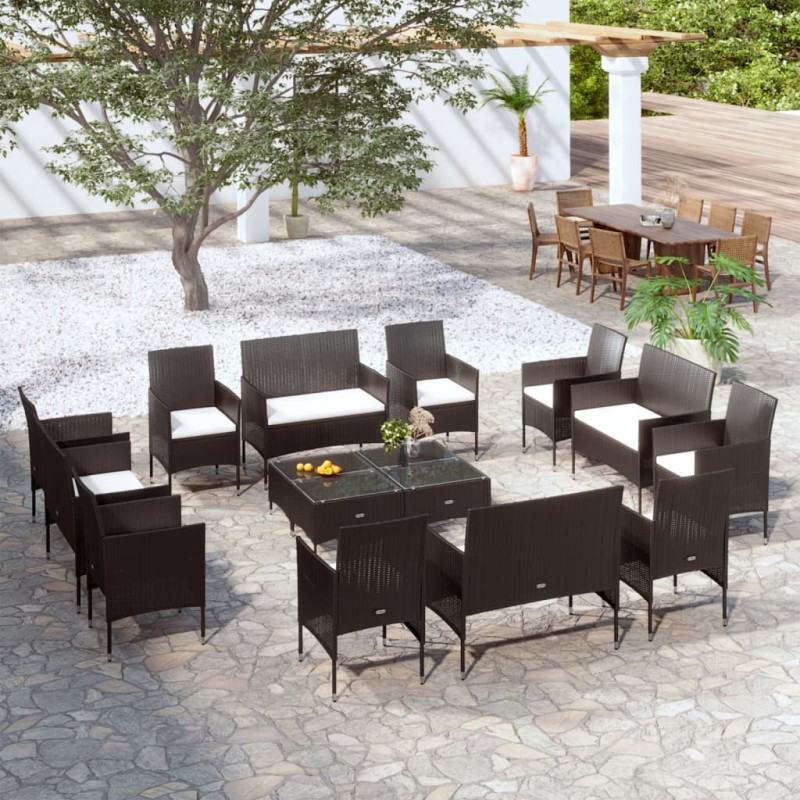 16 pcs conjunto lounge de jardim c/ almofadões vime PE preto-Conjuntos de jardim-Home Retail