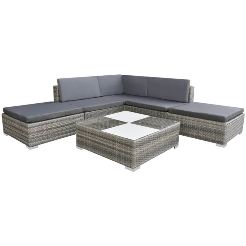 6 pcs conjunto lounge de jardim c/ almofadões vime PE cinzento-Conjuntos de jardim-Home Retail