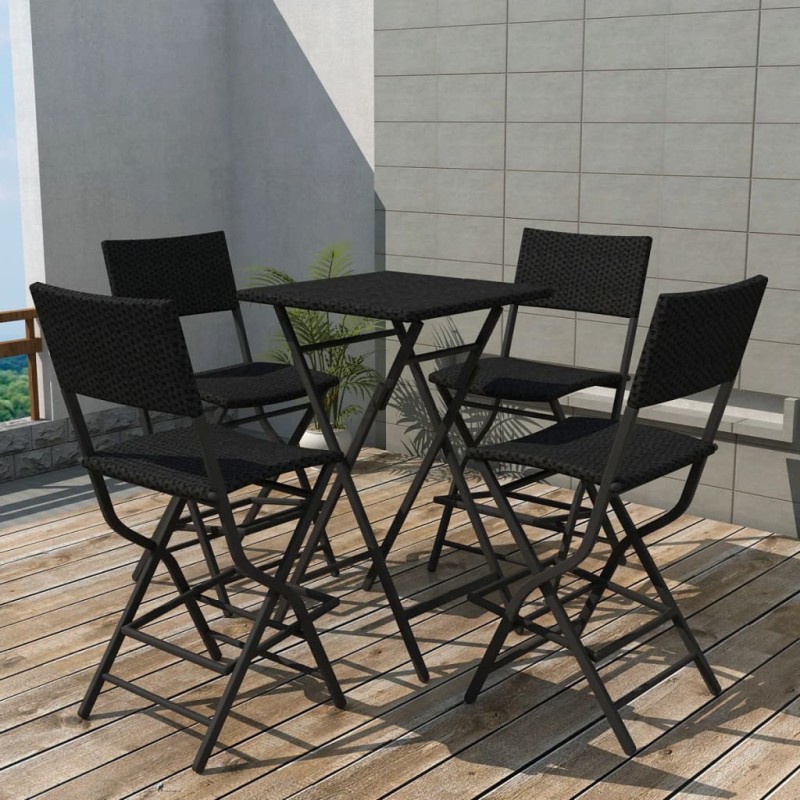 5 pcs conjunto de jantar dobrável jardim aço e vime PE preto-Conjuntos de jardim-Home Retail