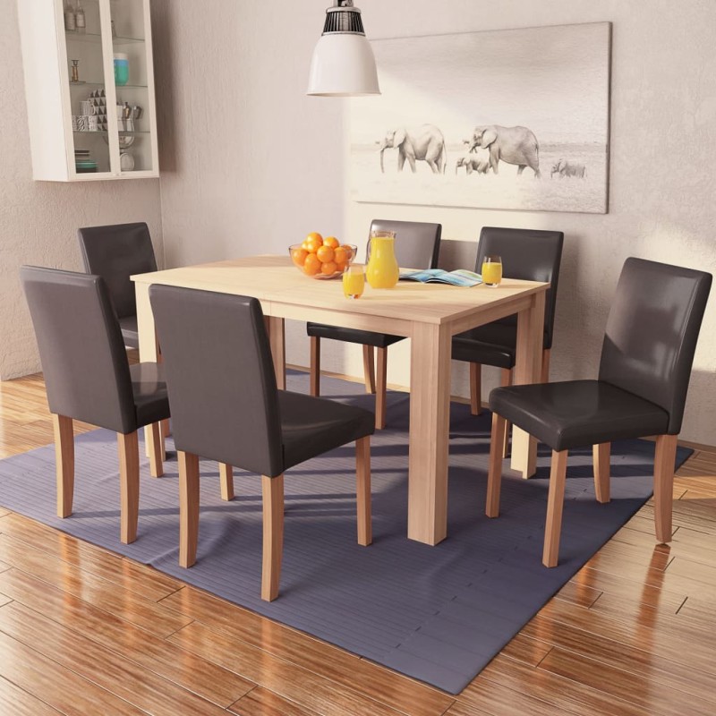 Mesa e cadeiras de jantar 7 pcs couro artif. carvalho castanho-Conjuntos de móveis para cozinha e sala de jantar-Home Retail