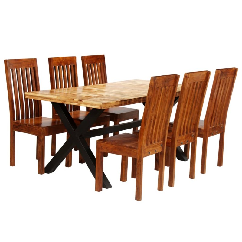 Conjunto mesa de jantar 7 pcs madeira mangueira e acácia maciça-Conjuntos de móveis para cozinha e sala de jantar-Home Retail