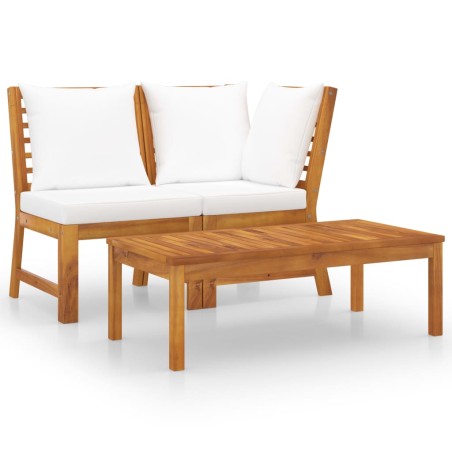 3 pcs conjunto lounge jardim c/ almofadões cor creme acácia