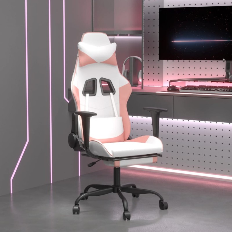 Cadeira gaming com apoio p/ pés couro artificial branco e rosa-Cadeiras de jogo-Home Retail