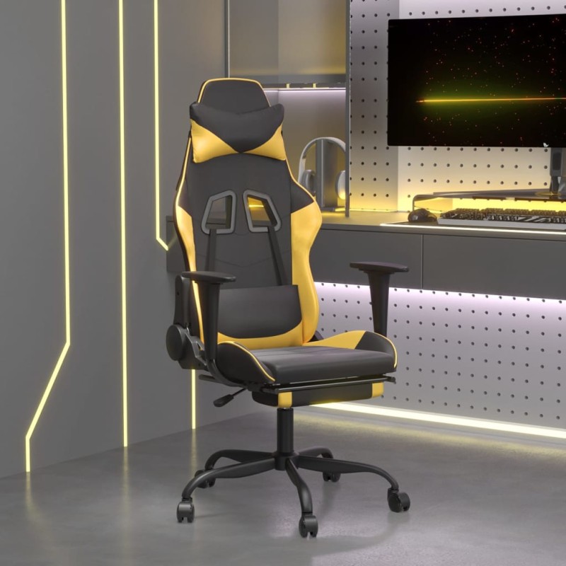 Cadeira gaming c/ apoio pés couro artificial preto e dourado-Cadeiras de jogo-Home Retail