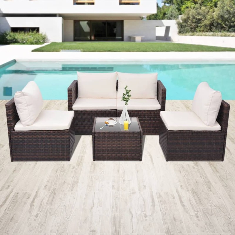 5 pcs conjunto lounge jardim c/ almofadões vime PE castanho-Conjuntos de jardim-Home Retail