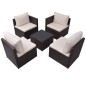 5 pcs conjunto lounge jardim c/ almofadões vime PE castanho