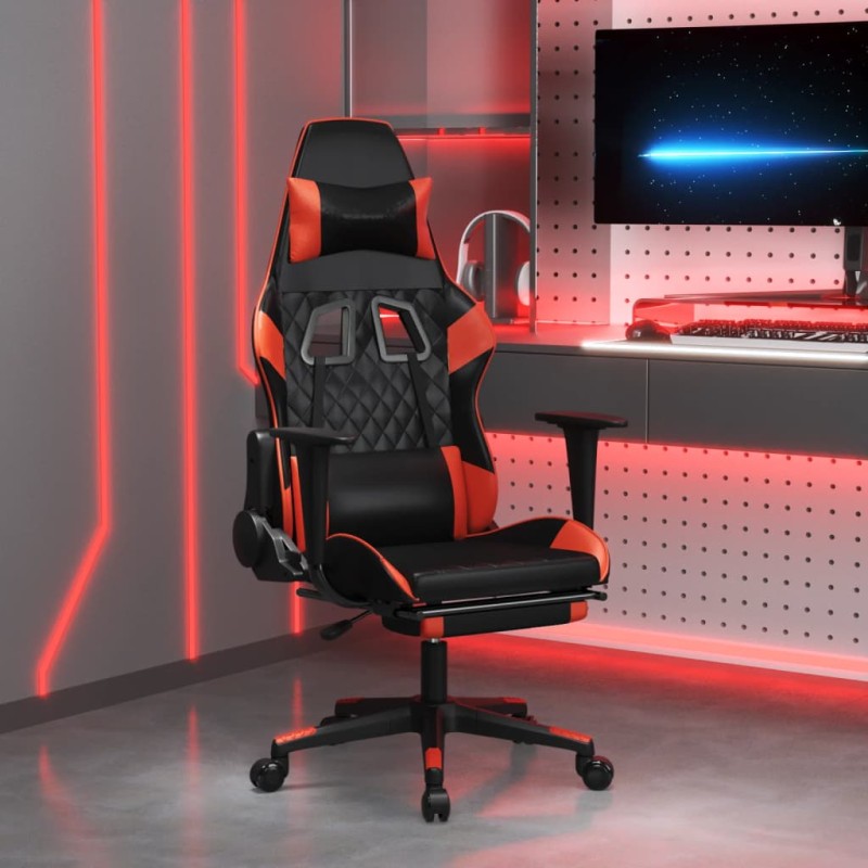 Cadeira gaming c/ apoio pés couro artificial preto e vermelho-Cadeiras de jogo-Home Retail