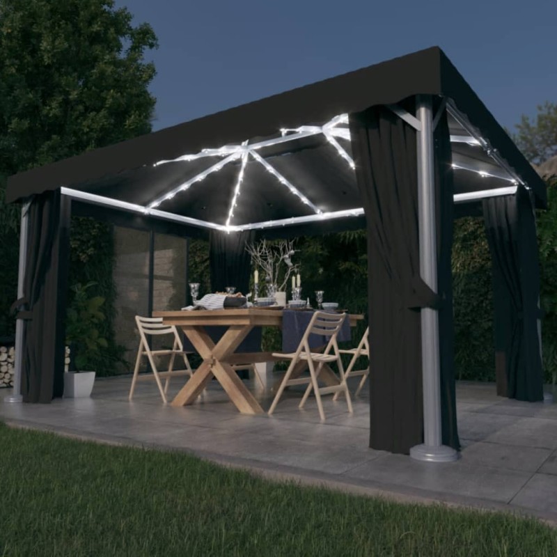 Gazebo com cortinas e cordões de luzes LED 4x3 m antracite-Toldos e gazebos-Home Retail