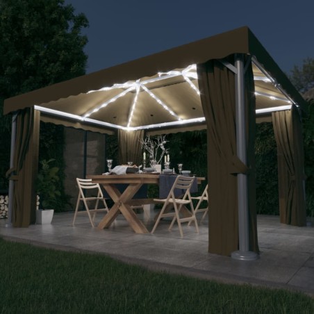 Gazebo com cortinas e cordões de luzes LED 4x3 m cinza-acastan.