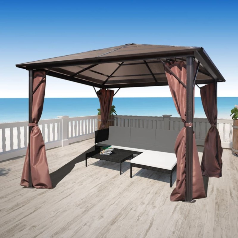 Gazebo com cortina 300 x 300 cm alumínio castanho-Toldos e gazebos-Home Retail