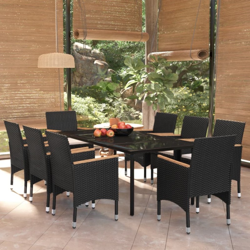 9 pcs conjunto de jantar para jardim com almofadões preto-Conjuntos de jardim-Home Retail