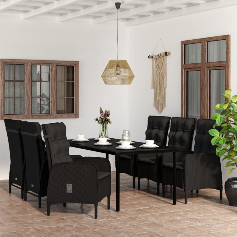 7 pcs conjunto de jantar para jardim com almofadões preto-Conjuntos de jardim-Home Retail