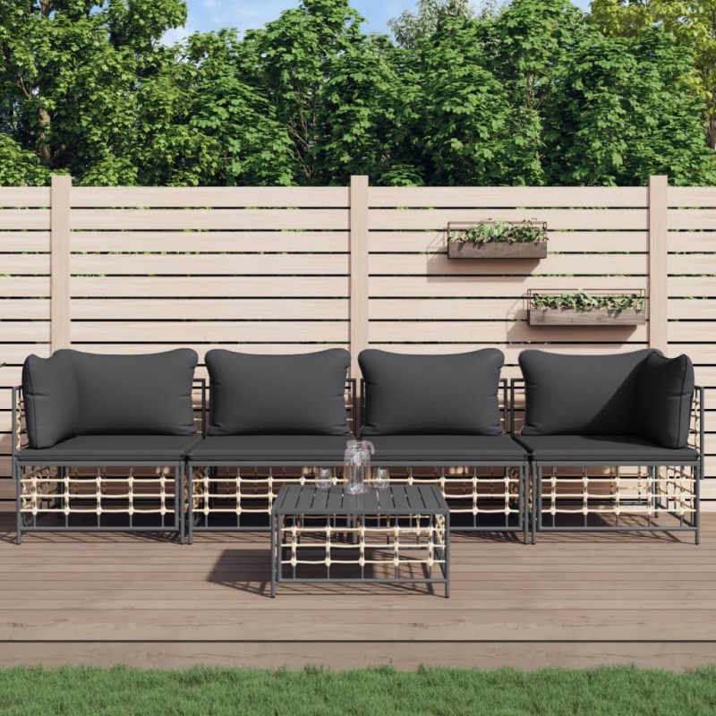 5 pcs conjunto lounge de jardim c/ almofadões vime PE antracite-Sofás para exterior-Home Retail