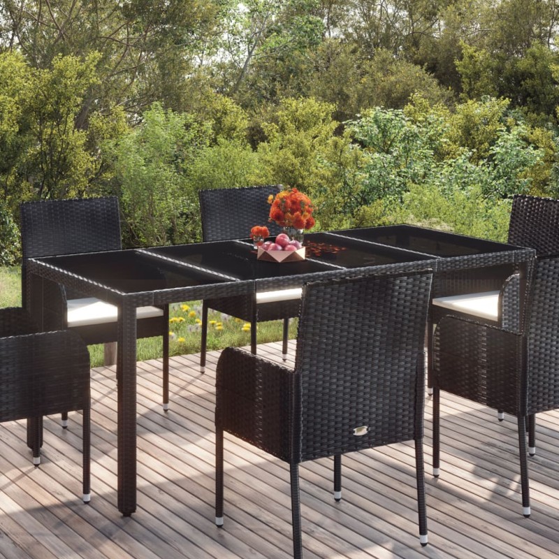 Mesa de jardim com tampo de vidro 190x90x75 cm vime PE preto-Mesas de jardim-Home Retail