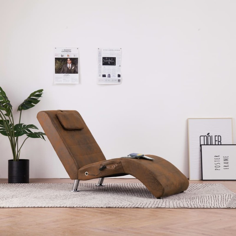 Chaise longue massagem c/ almofada camurça artificial castanho-Cadeiras de descanso-Home Retail