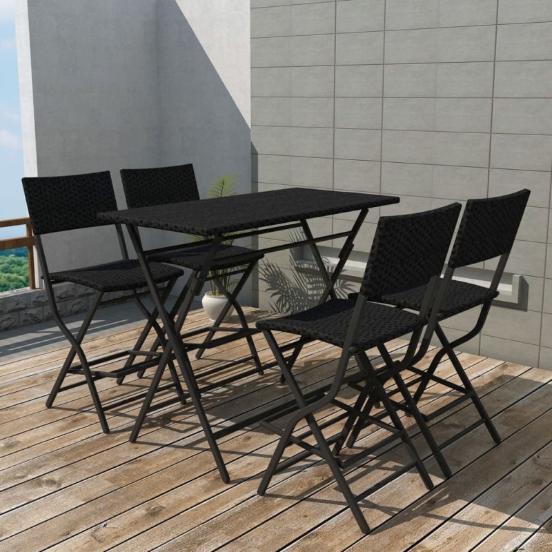 5 pcs conjunto de jantar dobrável jardim aço e vime PE preto-Conjuntos de jardim-Home Retail