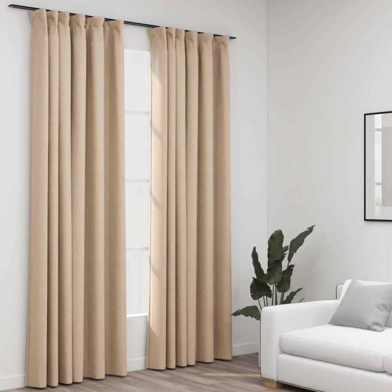 Cortinas opacas aspeto linho c/ ganchos 2 pcs 140x245 cm bege-Persianas e cortinas-Home Retail