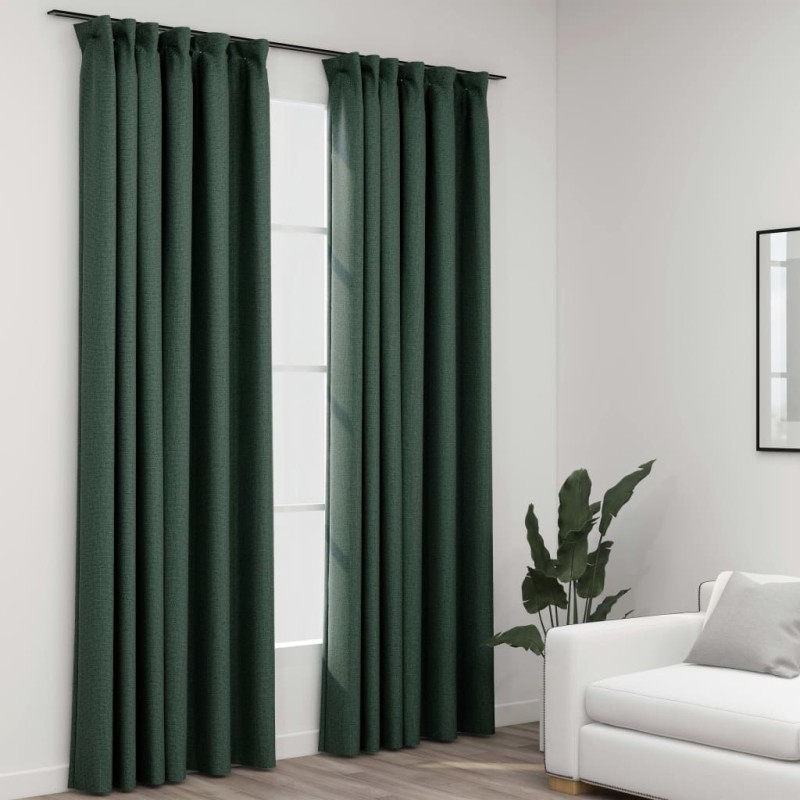 Cortinas opacas aspeto linho c/ ganchos 2 pcs 140x245 cm verde-Persianas e cortinas-Home Retail