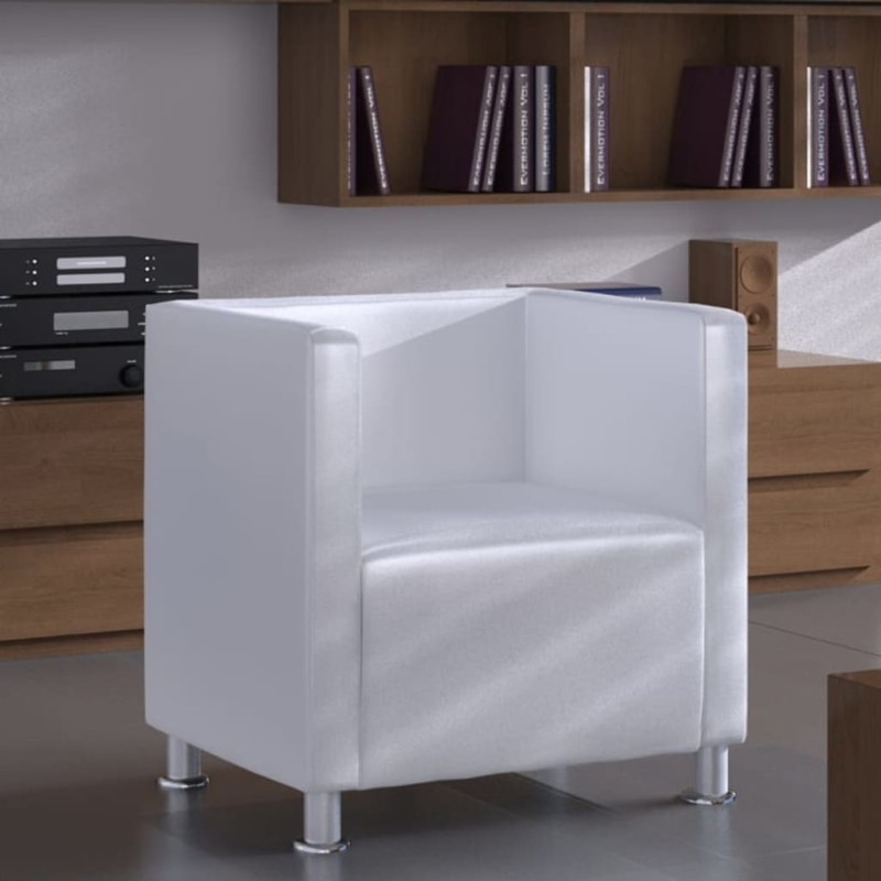 Poltrona em forma de cubo couro artificial branco-Poltronas-Home Retail